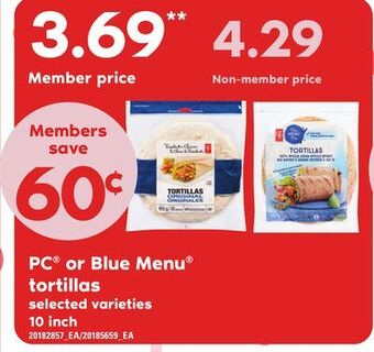 Loblaws Pc® or blue menu® tortillas, 10 inch offer