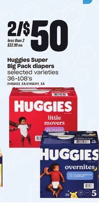 Loblaws Huggies super big pack diapers, 36-108's offer