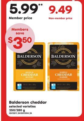 Loblaws Balderson cheddar, 250/280 g offer