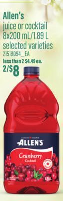 Loblaws Allen's juice or cocktail 8x200 ml/1.89 l offer
