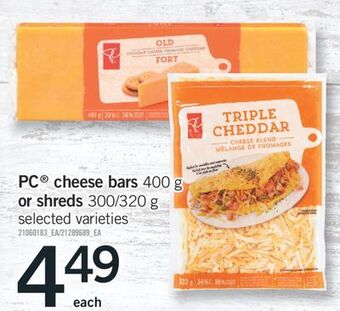 Fortinos Pc® cheese bars 400 g or shreds 300/320 g offer