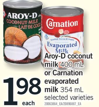 Fortinos Aroy-d coconut milk 400 ml or carnation evaporated milk 354 ml offer
