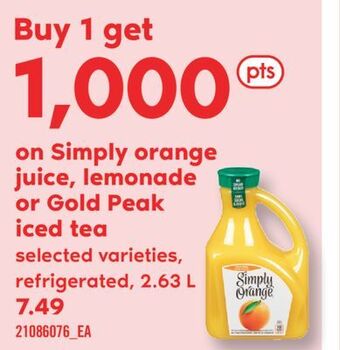 Fortinos Simply orange juice, lemonade or gold peak iced tea, 2.63 l offer