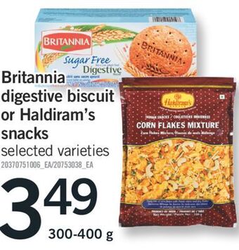 Fortinos Britannia digestive biscuit or haldiram's snacks, 300-400 g offer