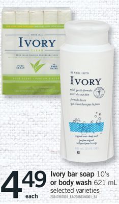 Fortinos Ivory bar soap 10's or body wash 621 ml offer