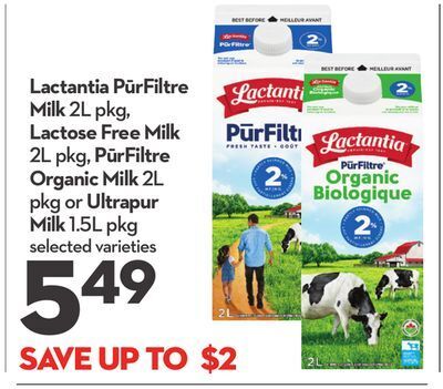 Longo's Lactantia pūrfiltre milk 2l pkg, lactose free milk 2l pkg, pūrfiltre organic milk 2l pkg or ultrapur milk 1.5l pkg offer