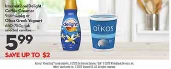 Longo's International delight coffee creamer 946ml pkg or oikos greek yogourt 650-750g tub offer