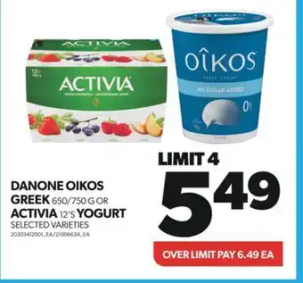 Real Canadian Superstore Danone oikos greek, 650/750 g or activia, 12's yogurt offer