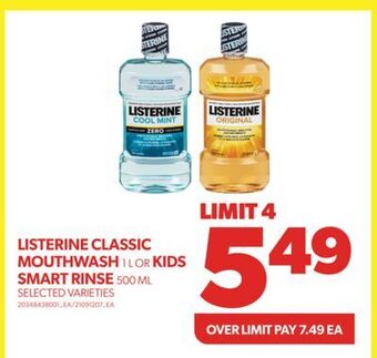 Real Canadian Superstore Listerine classic mouthwash, 1 l or kids smart rinse, 500 ml offer