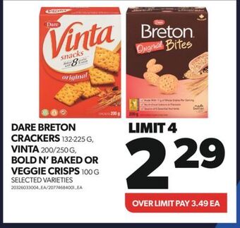 Real Canadian Superstore Dare breton crackers 132-225 g, vinta 200/250 g, bold n' baked or veggie crisps 100 g offer