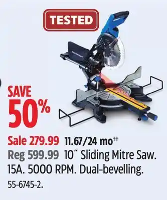Canadian Tire Mastercraft 10 sliding mitre saw. 15a. 5000 rpm offer