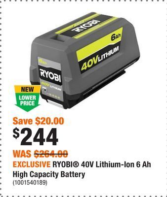 Home Depot Exclusive ryobi® 40v lithium-ion 6 ah high capacity battery offer