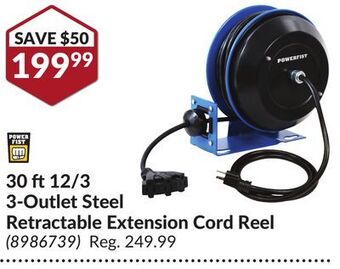 Princess Auto 30 ft 12/3 3-outlet steel retractable extension cord reel offer