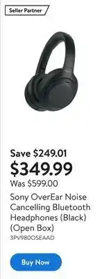 Walmart Sony overear noise cancelling bluetooth headphones (black) (open box) offer
