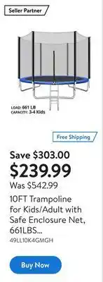 Walmart 10ft trampoline for kids/adult with safe enclosure net, 661lbs capacity for 3-4 kids offer