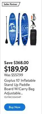 Walmart Goplus 10' inflatable stand up paddle board w/carry bag adjustable paddle adult youth offer