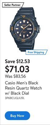 Walmart Casio men's black resin quartz watch w/ black dial offer