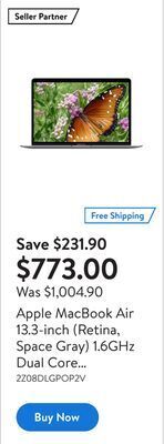 Walmart Apple macbook air 13.3-inch (retina, space gray) 1.6ghz dual core i5 (2019) laptop 128 gb flash hd & 8gb ram-mac os (certifie offer