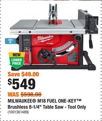 Home Depot Milwaukee® m18 fuel one-key™ brushless 8-1/4 table saw - tool only offer