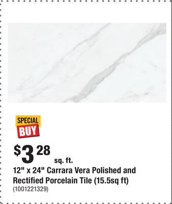Home Depot 12 x 24 carrara vera polished and rectified porcelain tile (15.5sq ft) offer