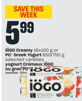 Valu-mart Yogourt crémeux iögo 16x100 g ou grec pc 650/750 g offer