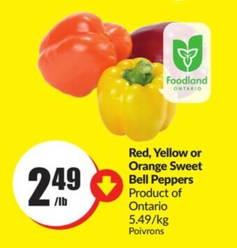 Chalo FreshCo Red, yellow or orange sweet bell peppers product of ontario 5.49/kg offer