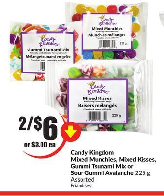 FreshCo Candy kingdom mixed munchies, mixed kisses, gummi tsunami mix or sour gummi avalanche 225 g assorted offer