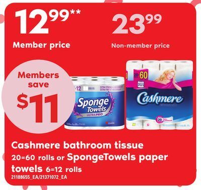 Zehrs Markets Cashmere bathroom tissue, 20=60 rolls or spongetowels paper towel, 6=126=12 rolls offer