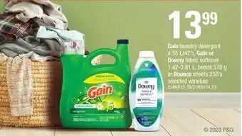Zehrs Markets Gain laundry detergent, 4.55 l/42's, gain or downy fabric softener, 1.42-3.81 l, beads, 570 g or bounce sheets, 250's offer