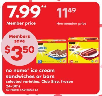 Zehrs Markets No name® ice cream sandwiches or bars, 24-30's offer