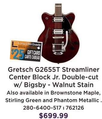 Long & McQuade Gretsch guitars g2655t streamliner center block jr. double-cut with bigsby, laurel fingerboard - walnut stain offer