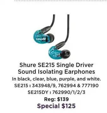 Long & McQuade Shure se215 - professional sound isolating earphones - limited edition blue offer