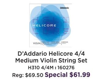 Long & McQuade D'addario orchestral helicore violin medium tension strings 4/4 offer