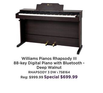 Long & McQuade Williams pianos rhapsody iii 88-key digital piano with bluetooth - deep walnut offer