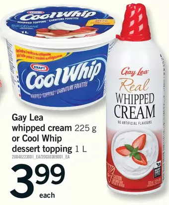 Fortinos Gay lea whipped cream or cool whip dessert topping offer