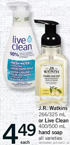 Fortinos J.r. watkins or live clean hand soap offer