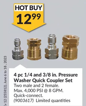 Princess Auto 4 pc 1/4 and 3/8 in. pressure washer quick coupler set offer