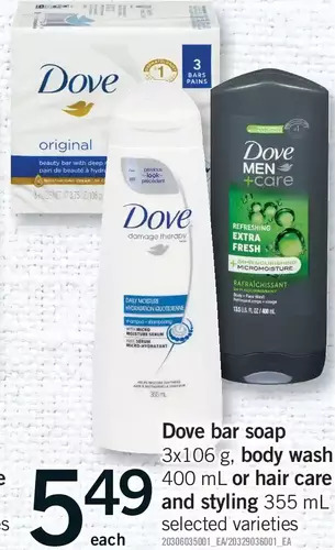 Fortinos Dove bar soap, body wash or hair care and styling offer
