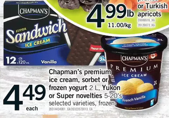 Fortinos Chapman's premium ice cream, sorbet or frozen yogurt, yukon or super novelties offer