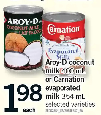 Fortinos Aroy-d coconut milk or carnation evaporated milk offer