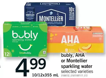 Fortinos Bubly, aha or montellier sparkling water offer