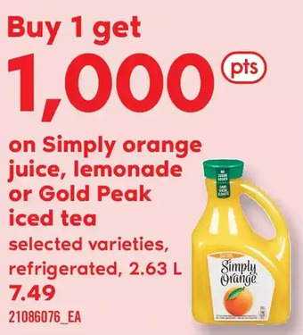 Fortinos Simply orange juice, lemonade or gold peak iced tea offer