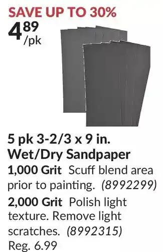 Princess Auto 3m 5 pk 3-2/3 x 9 in. wet/dry sandpaper 1,000 grit, 2,000 grit offer