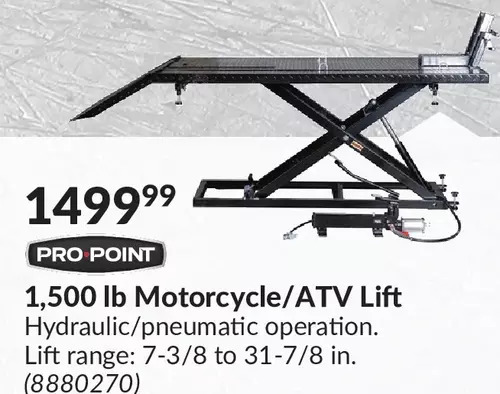 Princess Auto Pro-point 1,500 lb motorcycle/adv lift hydraulic/pneumatic operation. lift range: 7-3/8 or 31-7/8 in. offer