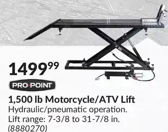 Princess Auto Pro-point 1,500 lb motorcycle/adv lift hydraulic/pneumatic operation. lift range: 7-3/8 or 31-7/8 in. offer