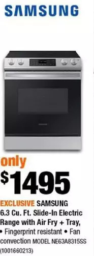 Home Depot Samsung 6.3 cu ft. slide-in electric range with air fry + tray offer