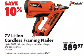 Home Hardware 7v li-ion cordless framing nailer | quicklode fuel cell with adapter offer