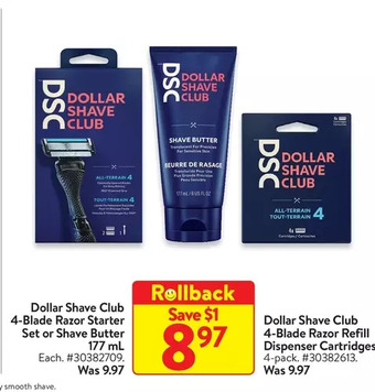Walmart Dollar shave club 2 x 6-blade razor or 1 x 6-blade and 1 x 4-blade razor starter set | dollar shave club 6-blade razor refill offer
