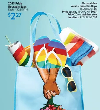 Walmart 2023 pride reusable bags | adults' pride flip-flops | pride towels | pride 20-oz. stainless steel tumblers offer