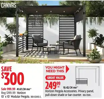 Canadian Tire Canvas horizon 10' x 10' modular pergola | horizon pergola accessories. privacy panel, pull-down shade or bar counter offer
